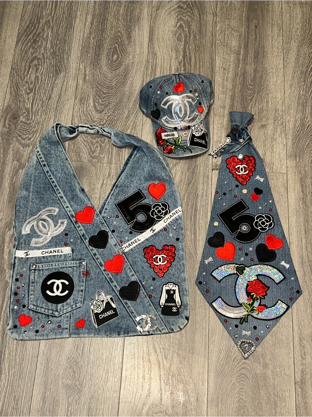 Upcycled Denim Junk Hobo Shoulder Bag with Red Heart & Black Logo Patches - Picture 3 of 3